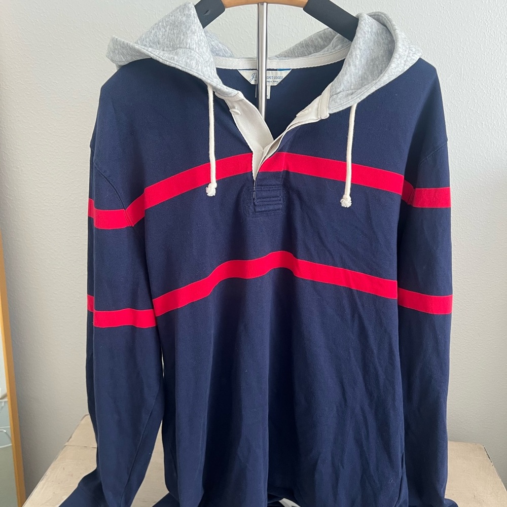 J. Crew Men's Navy and Red Striped Gray Hooded Rugby. Size Medium